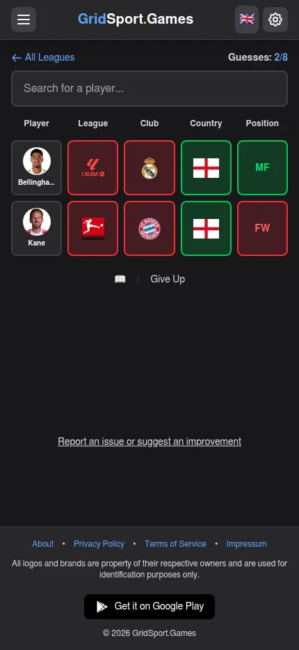 Football Wordle at phone size: two guessed players with their league, club, country and position tiles, and a Get it on Google Play button below