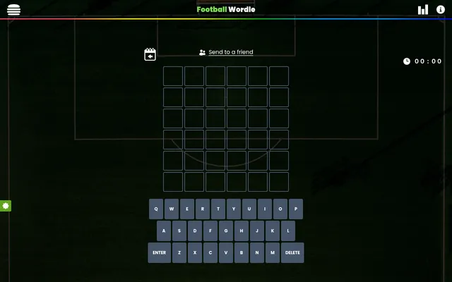 The Football Wordle board: an empty grid of six rows of six letter boxes over a dark football pitch, with a timer at 00:00 and an on-screen QWERTY keyboard below
