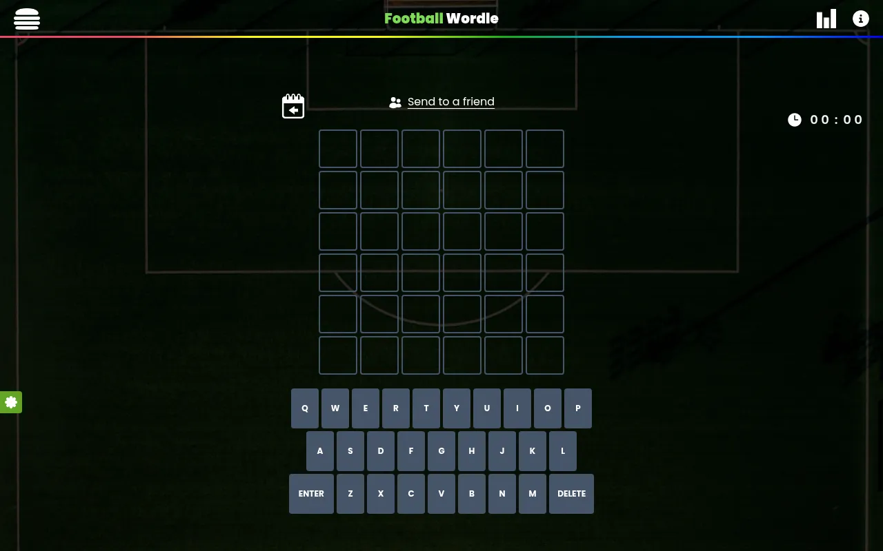 The Football Wordle board: an empty grid of six rows of six letter boxes over a dark football pitch, with a timer at 00:00 and an on-screen QWERTY keyboard below