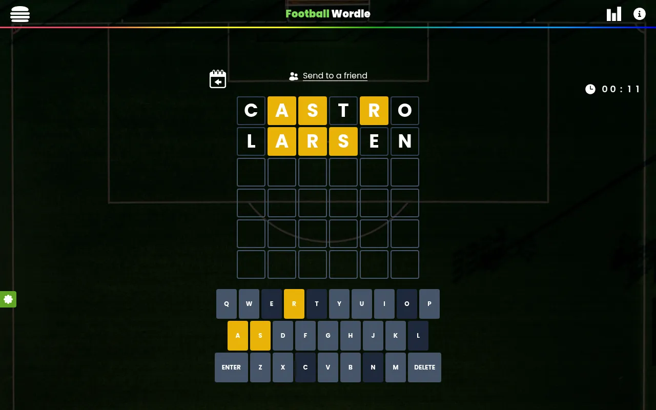 Football Wordle on 26 October 2026: a six-letter grid with two footballer guesses, Castro and Larsen, marked in orange and dark tiles, above the on-screen keyboard