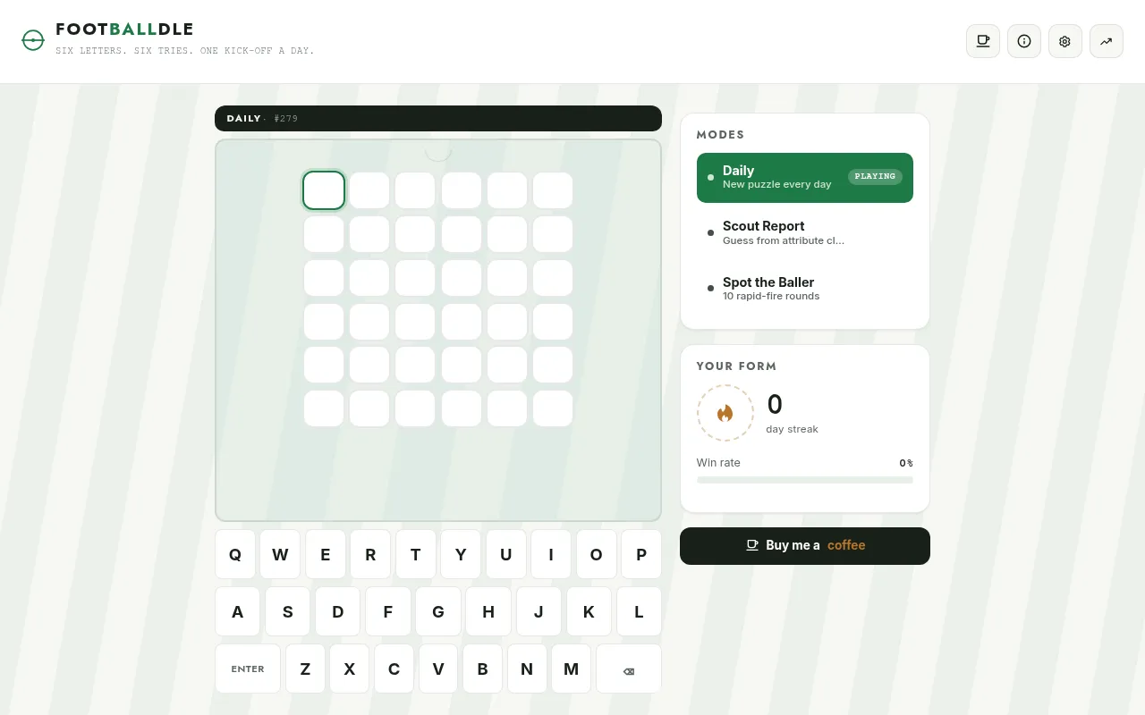 The Footballdle Daily board, a six by six grid of empty letter tiles above an on-screen keyboard, beside the Modes panel listing Daily, Scout Report and Spot the Baller