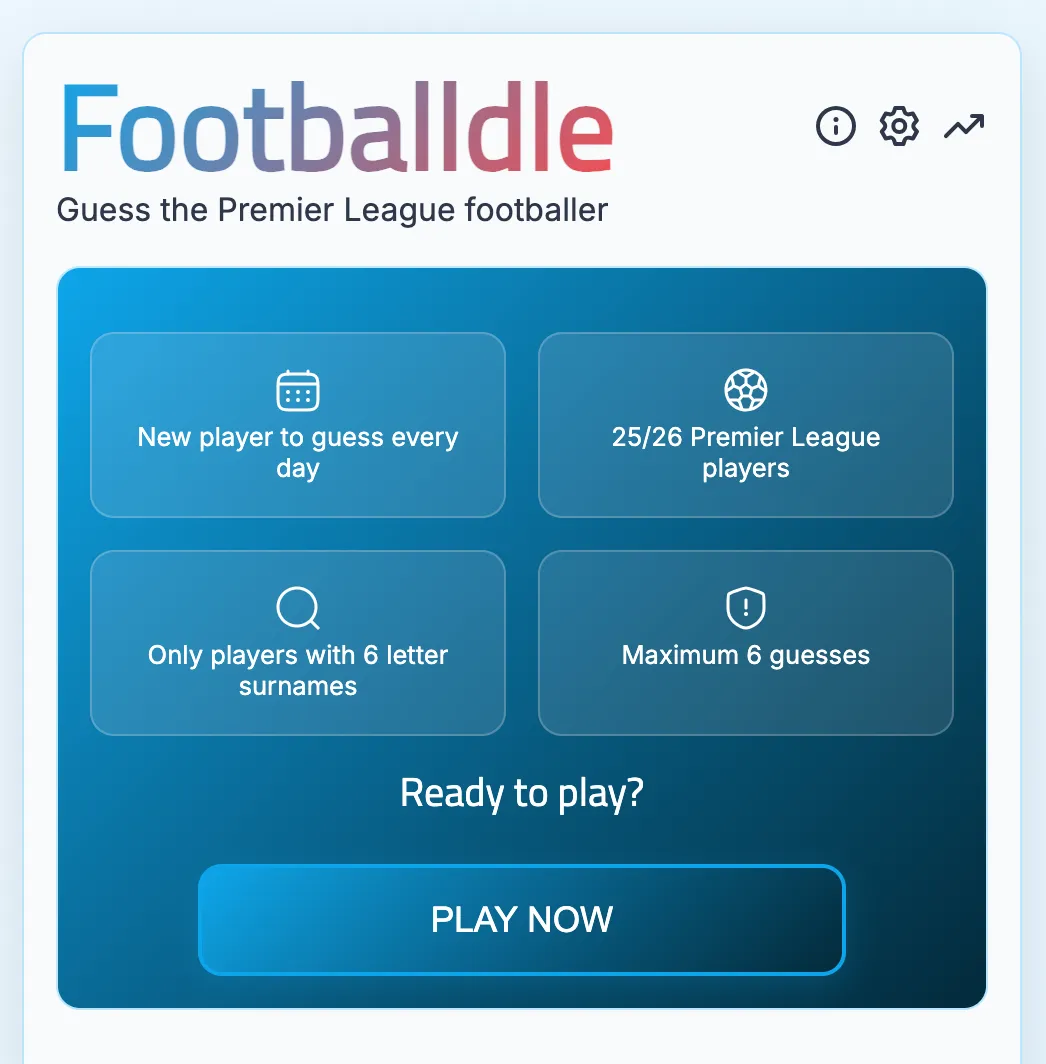 The Footballdle start screen with the line Guess the Premier League footballer, its four rules and a Play Now button