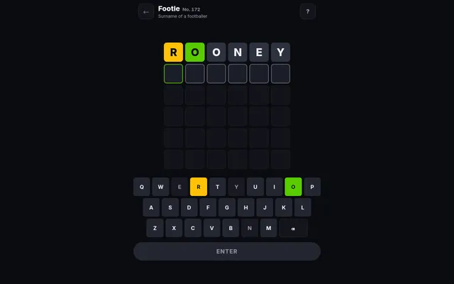 Footle No. 172 on a desktop: a six-letter grid with the guess ROONEY marked, R in the wrong spot and O in the right spot, above the on-screen keyboard