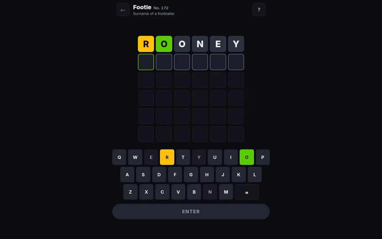 Footle No. 172 on a desktop: a six-letter grid with the guess ROONEY marked, R in the wrong spot and O in the right spot, above the on-screen keyboard