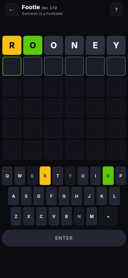 Footle No. 172 at phone size: the guess ROONEY in the first row of a six by six grid, with the coloured keyboard below