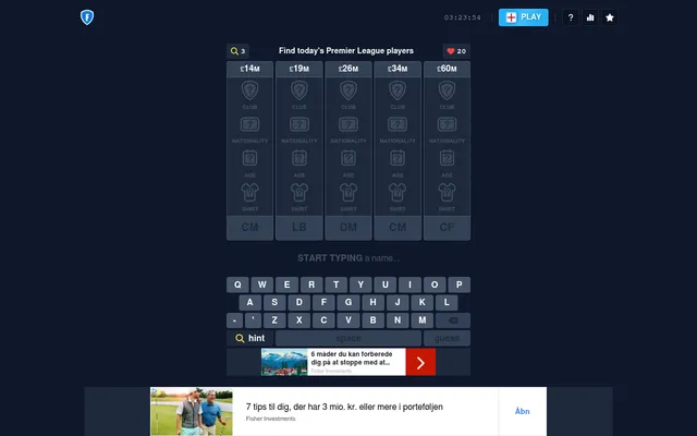 FootyFortunes' Premier League board: five hidden players valued from 14 to 60 million pounds with club, nationality, age and shirt still hidden, positions CM, LB, DM, CM and CF, above the on-screen ke