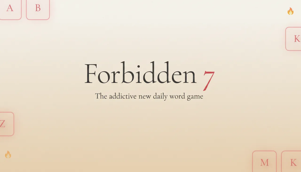 Forbidden 7 share card: the title with a red 7 among scattered letter tiles