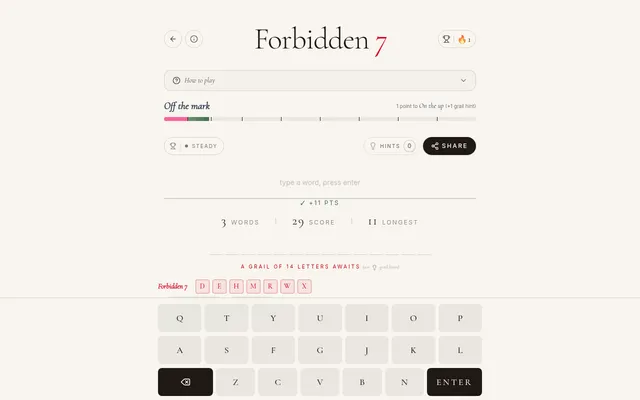 Forbidden 7 Classic on 18 October 2026 with three words played for 29 points, a 14-letter grail word still hidden and the day's forbidden letters D, E, H, M, R, W and X above the keyboard