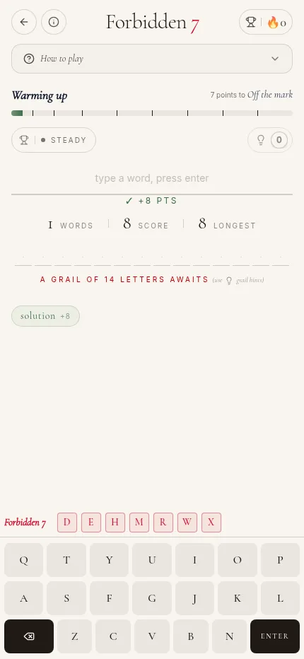 Forbidden 7 Classic on a phone after the word solution scored 8 points, with the rank bar and the forbidden letters row
