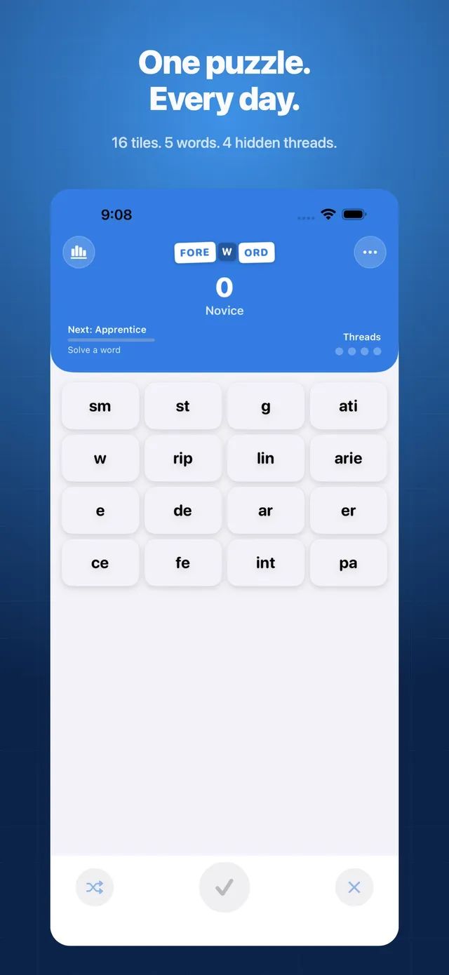 A FOREWORD board in the iPhone app: 16 letter-fragment tiles such as sm, st, rip, arie and int, under One puzzle. Every day. 16 tiles. 5 words. 4 hidden threads.