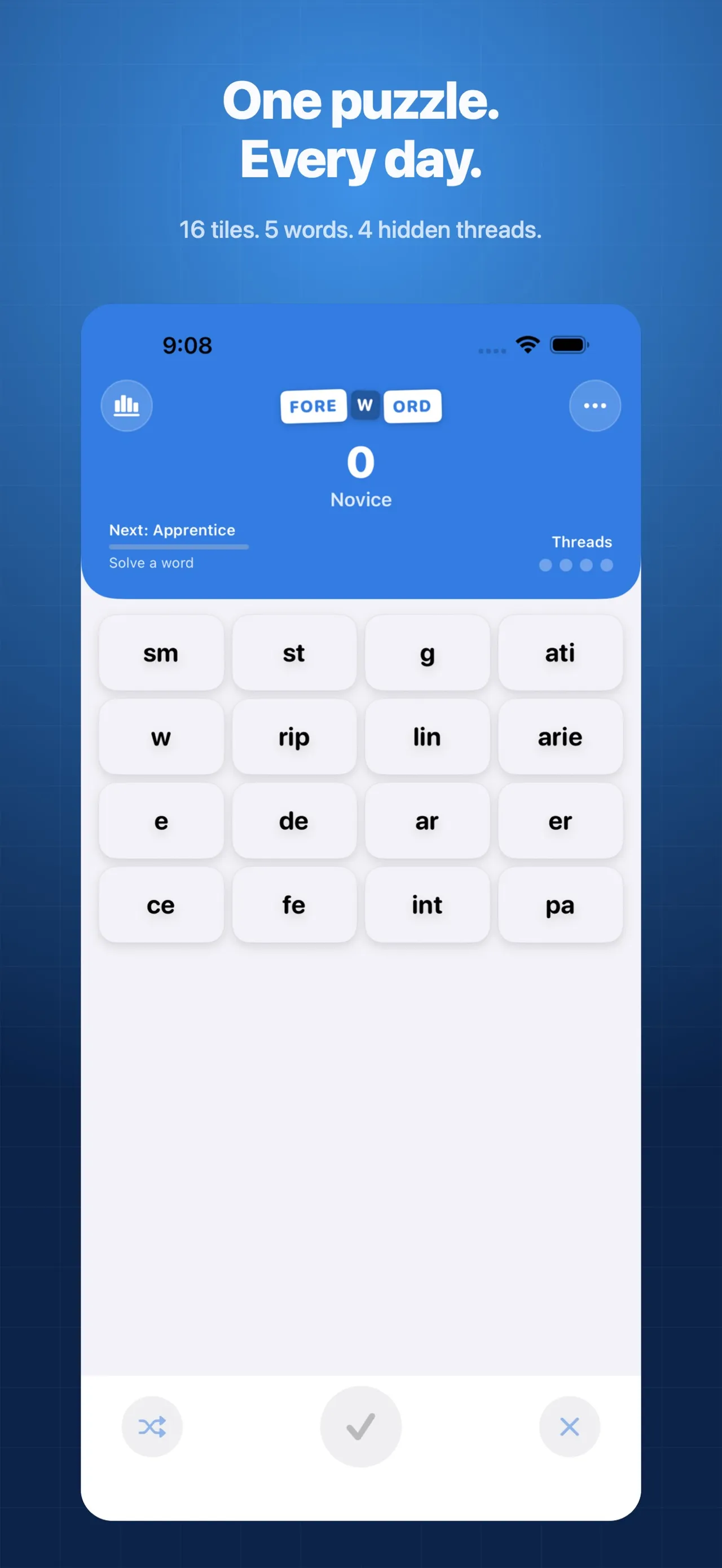 A FOREWORD board in the iPhone app: 16 letter-fragment tiles such as sm, st, rip, arie and int, under One puzzle. Every day. 16 tiles. 5 words. 4 hidden threads.