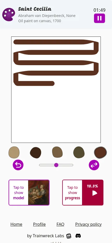 Forgeous on a phone mid-game: today's Saint Cecilia by Abraham van Diepenbeeck, brown strokes on the canvas, five colours, a 01:49 timer and an 18.3% progress tile
