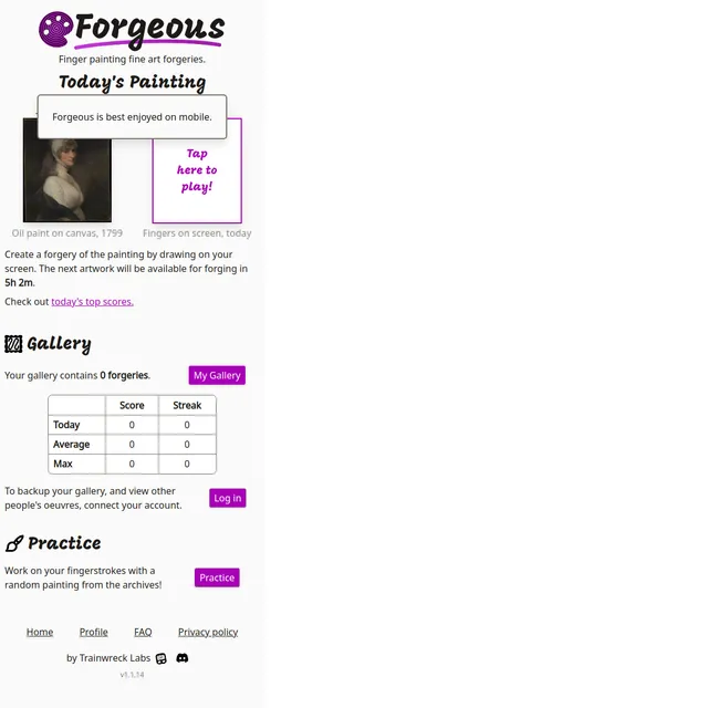 Forgeous home page with Today's Painting, a 1799 portrait, next to a blank frame, plus the gallery and score table