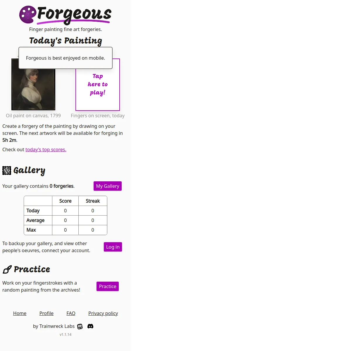 Forgeous home page with Today's Painting, a 1799 portrait, next to a blank frame, plus the gallery and score table