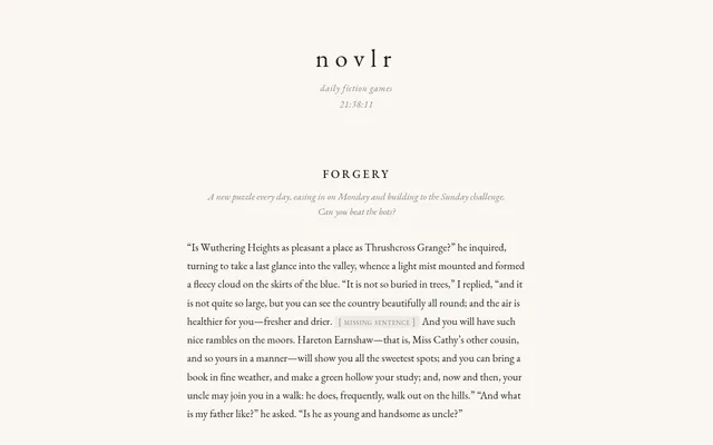 Forgery's puzzle for 19 October 2026: a Wuthering Heights passage with the missing sentence marked in the text, on novlr's plain cream page