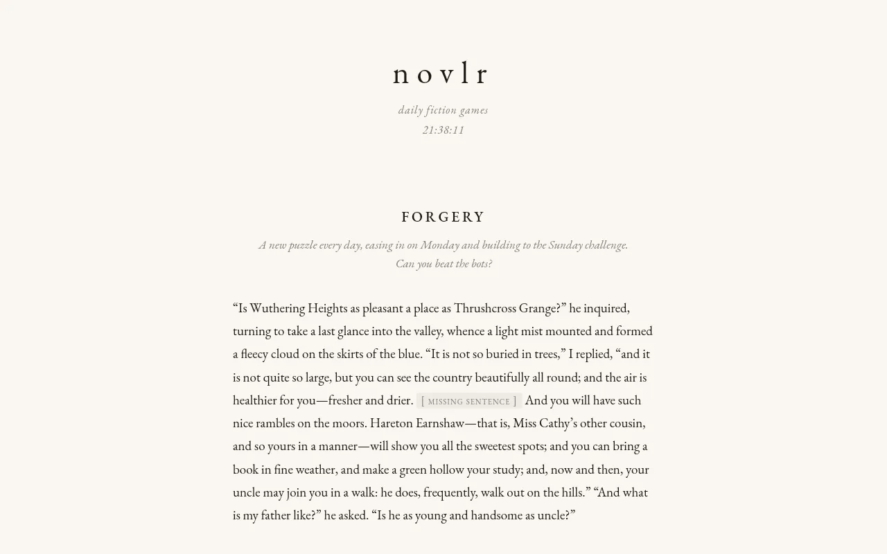 Forgery's puzzle for 19 October 2026: a Wuthering Heights passage with the missing sentence marked in the text, on novlr's plain cream page