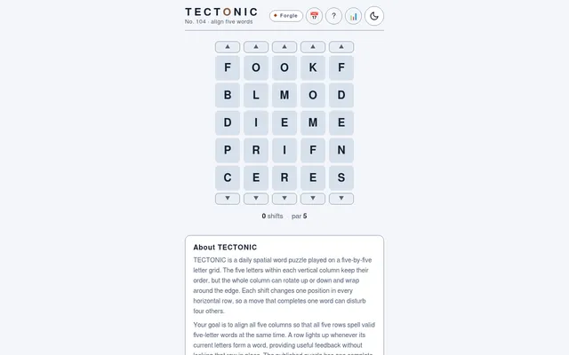 Forgle's Tectonic No. 104: a five by five letter grid with up and down arrows on each column, 0 shifts and par 5