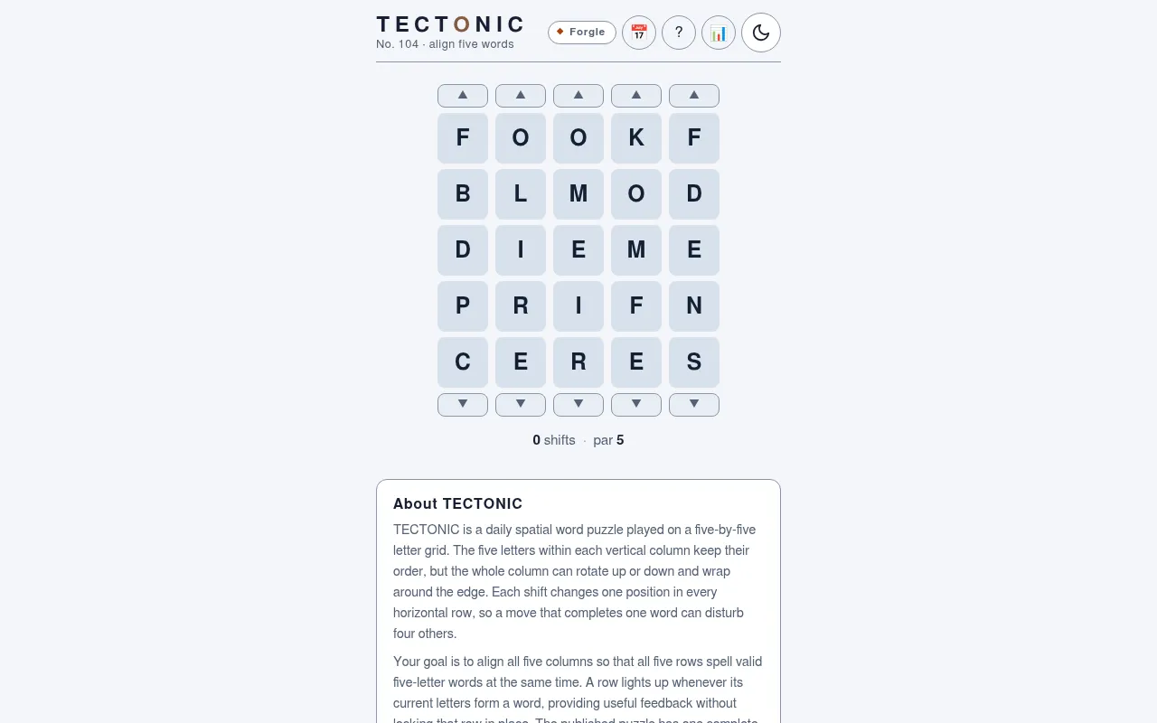 Forgle's Tectonic No. 104: a five by five letter grid with up and down arrows on each column, 0 shifts and par 5