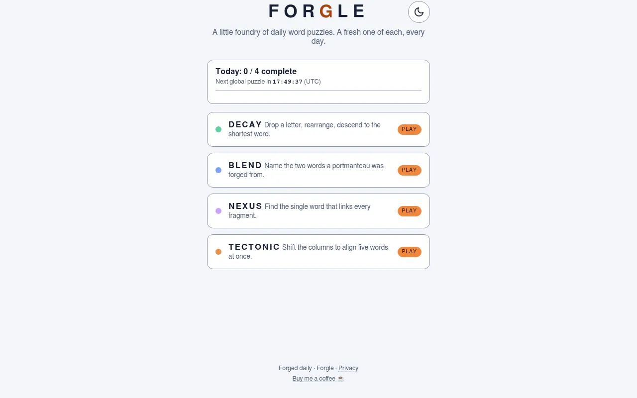 The Forgle home page listing today's four puzzles, Decay, Blend, Nexus and Tectonic, with a countdown to the next puzzle in UTC