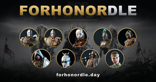ForHonorDLE share art: the game's name above round portraits of nine For Honor heroes, with forhonordle.day below