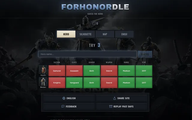 ForHonorDLE Hero mode on a desktop after two guesses, Warden and Orochi, each a row of six cells for faction, class, gender, weapon, range and year in green and red