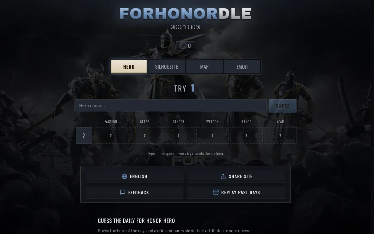 ForHonorDLE's Hero mode before the first guess: tabs for Hero, Silhouette, Map and Emoji, a name box and empty clue cells for faction, class, gender, weapon, range and year