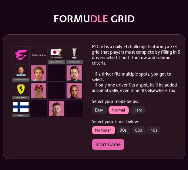 The Formudle Grid page: an example 3x3 board with clues such as Japanese GP winner, World Champion, Ferrari and Finland, driver photos in some squares, mode and timer options and a Start Game button