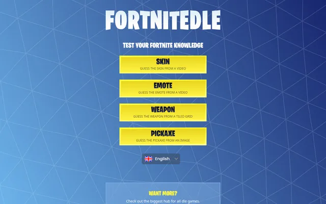 Fortnitedle menu: the FORTNITEDLE title, Test your Fortnite knowledge, and four daily modes, Skin and Emote from a video, Weapon from a tiled grid, Pickaxe from an image