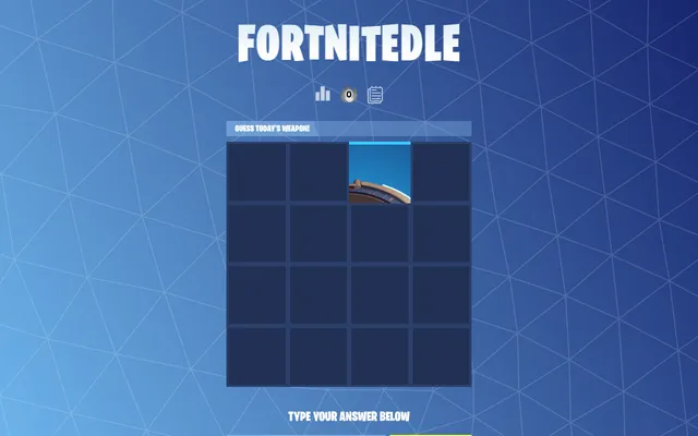 Fortnitedle Weapon mode: Guess today's weapon, a 4 by 4 grid with one tile revealed showing part of the weapon