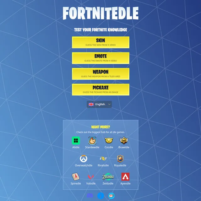 Fortnitedle home screen on a blue background: the title FORTNITEDLE with Test your Fortnite knowledge, and four yellow mode buttons: Skin (guess the skin from a video), Emote (from a video), Weapon (f