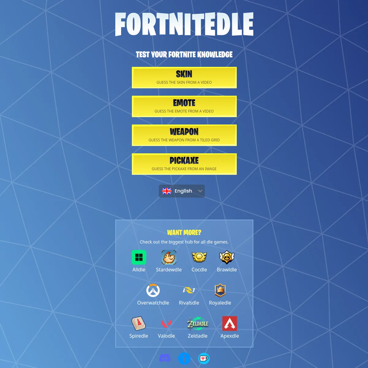 Fortnitedle home screen on a blue background: the title FORTNITEDLE with Test your Fortnite knowledge, and four yellow mode buttons: Skin (guess the skin from a video), Emote (from a video), Weapon (f
