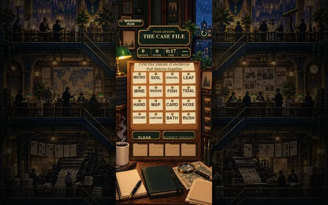 Four Groups board for 7 Oct 2026 styled as The Case File: sixteen word cards such as MICRO, SOIL, SHOVEL, LEAF and FISH pinned to a corkboard, with Clear and Submit Group