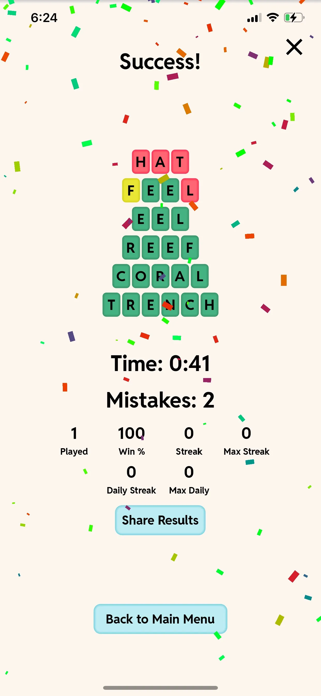 Four Little Words Success screen: the four answers REEF, CORAL, TRENCH and EEL with the guesses above them, time 0:41 and 2 mistakes