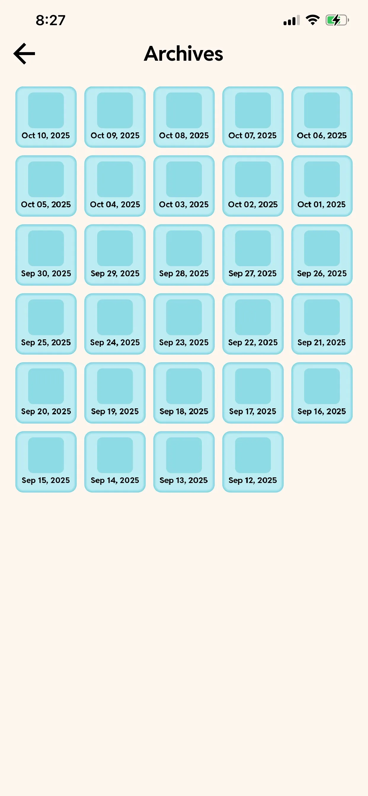 The Four Little Words archive of dated daily puzzles from September 12 to October 10, 2025