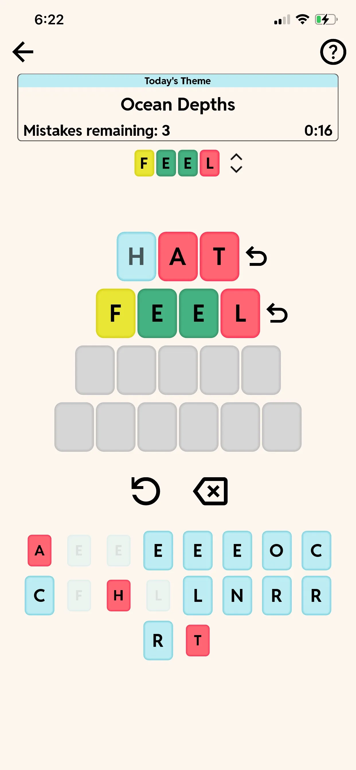 Four Little Words puzzle for the theme Ocean Depths: HAT and FEEL guessed with coloured letter tiles, two longer rows empty and a keyboard of the day's letters, 3 mistakes remaining