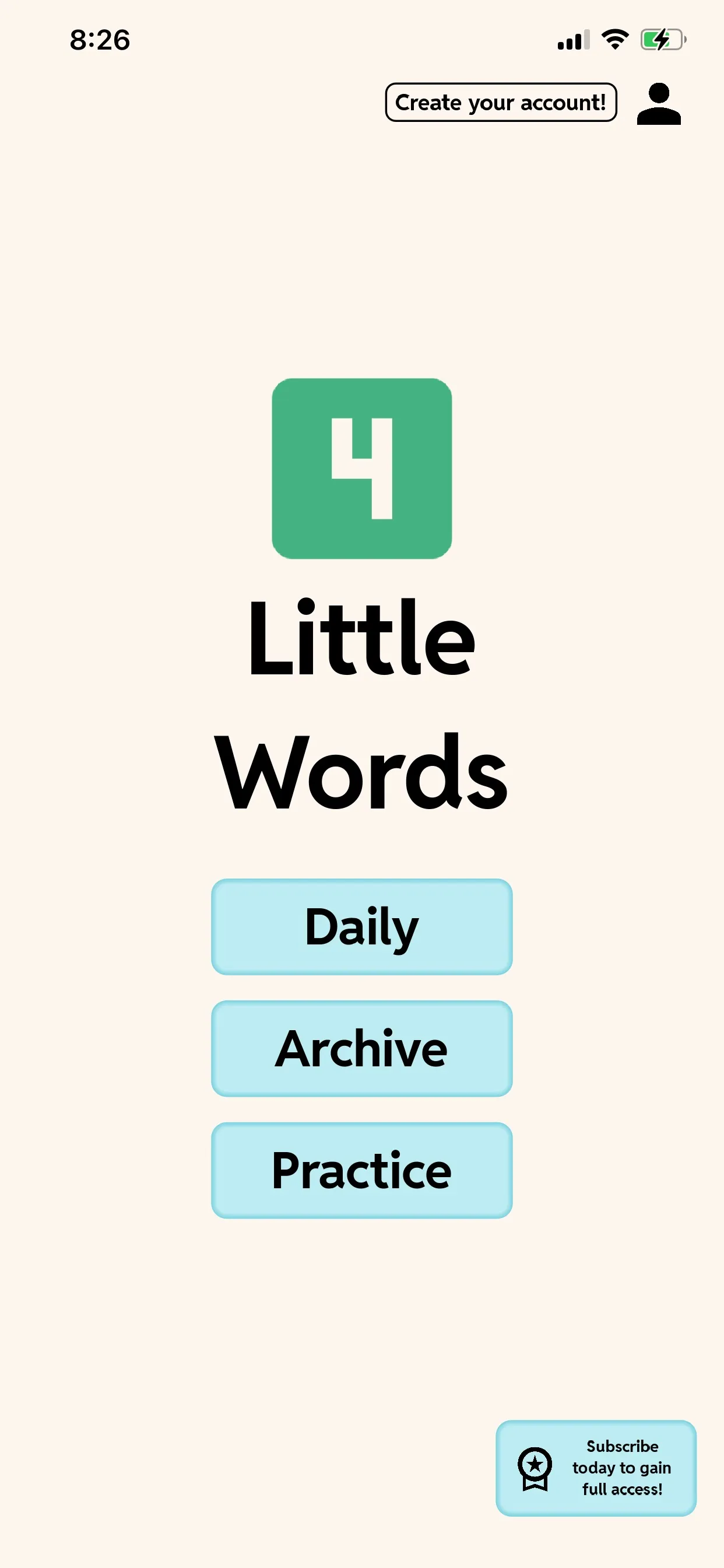 Four Little Words home screen with its green 4 logo and Daily, Archive and Practice buttons