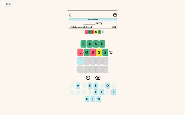 Four Little Words board for the theme ____berry: RASP solved in green, the wrong guess LODGE marked green, yellow and red, two rows empty, 4 mistakes left