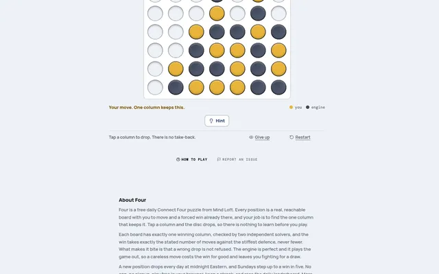 Four on mindloftdaily.com: a Connect Four board well into a game with yellow and dark discs, and the line your move, one column keeps this