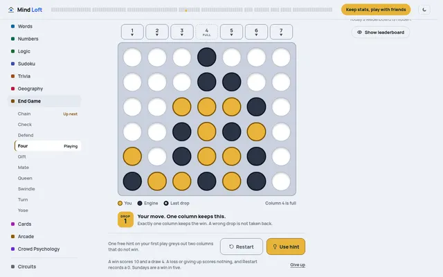 Four on Mind Loft, Sunday Edition of 18 October 2026: a Connect Four position with gold and dark discs, column 4 full, and the line Your move. One column keeps this.
