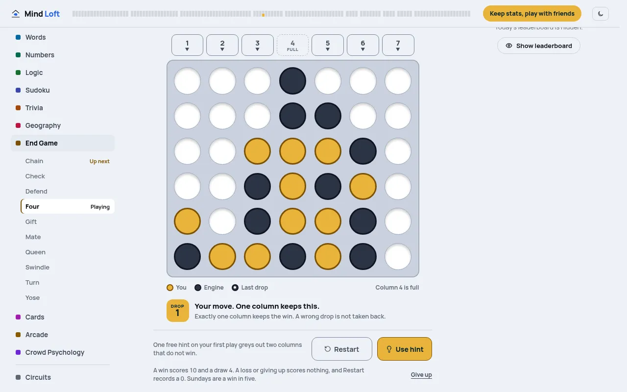 Four on Mind Loft, Sunday Edition of 18 October 2026: a Connect Four position with gold and dark discs, column 4 full, and the line Your move. One column keeps this.