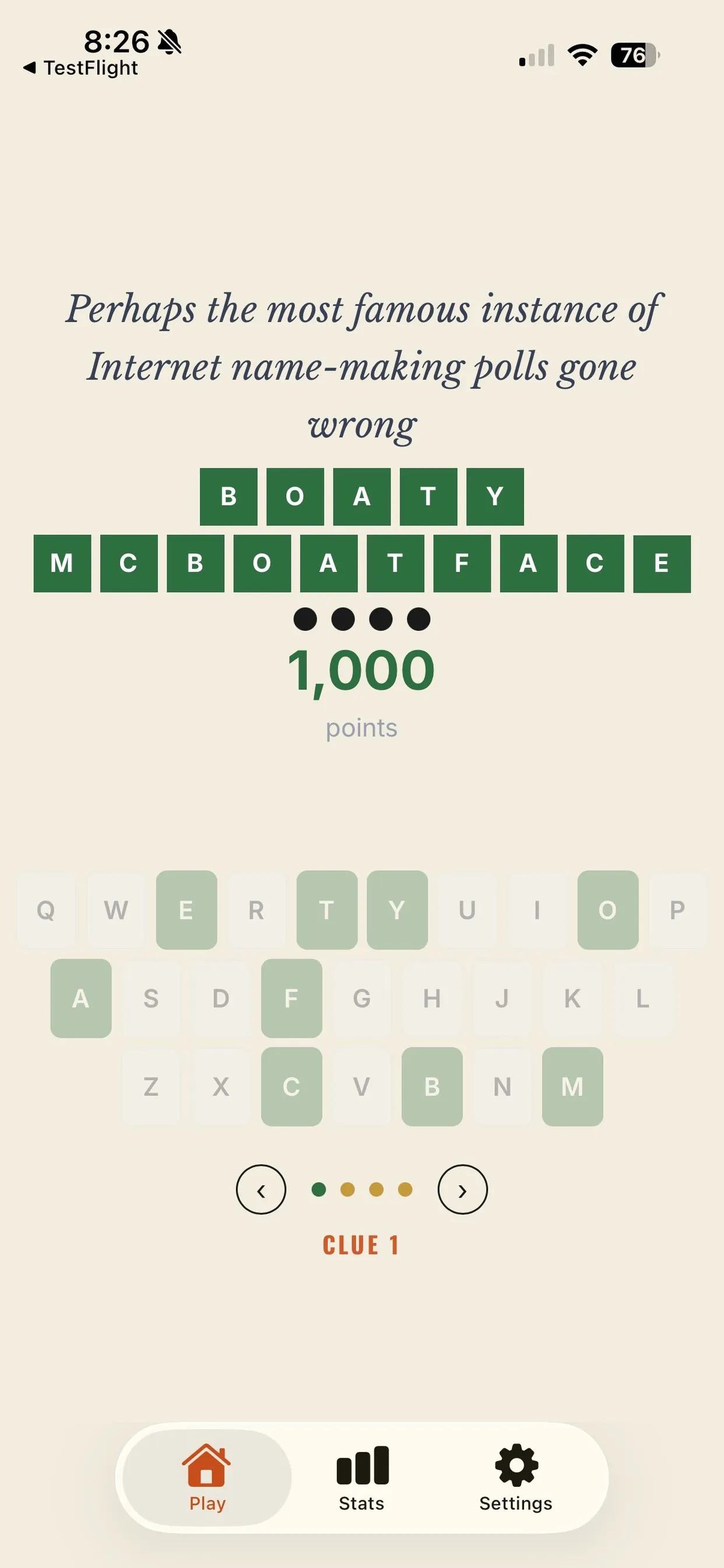 A solved Fourbe clue on a phone: BOATY MCBOATFACE in green tiles, worth 1,000 points