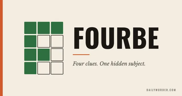 Fourbe's share card: a grid of green and empty tiles beside the words 'Four clues. One hidden subject.'