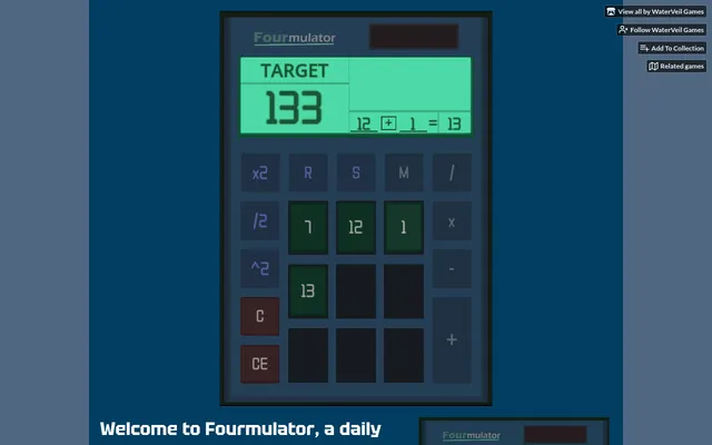 Fourmulator mid-puzzle on 22 October 2026: target 133, starting numbers 7, 12 and 1, and 12 + 1 = 13 made as a new number on the calculator board
