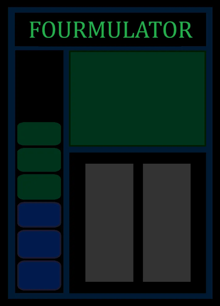 The Fourmulator board before a puzzle loads: the title at the top, a green display for the target, six number slots down the left and two operator panels