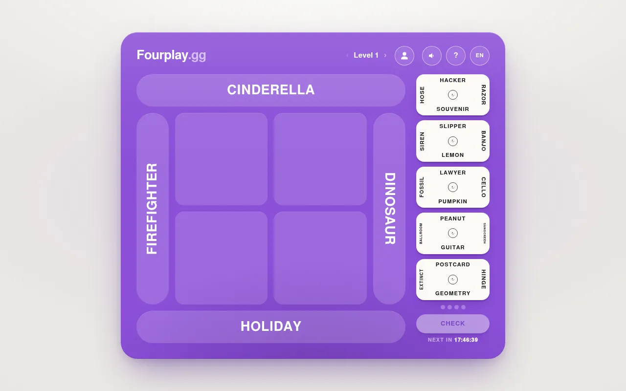 Fourplay level 1: clue words Cinderella, Firefighter, Dinosaur and Holiday around four empty slots, with five four-word cards beside the board