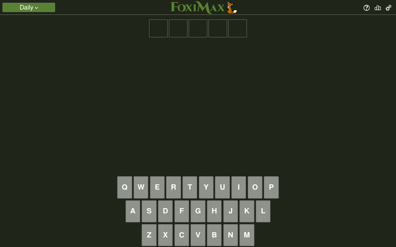 FoxiMax daily board at the start: five empty letter boxes for the hidden word above an on-screen QWERTY keyboard