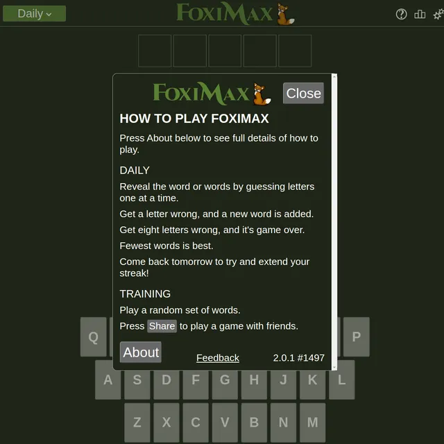 FoxiMax daily board with five blank squares and the How to Play panel