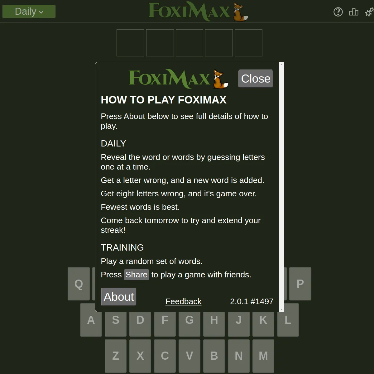 FoxiMax daily board with five blank squares and the How to Play panel