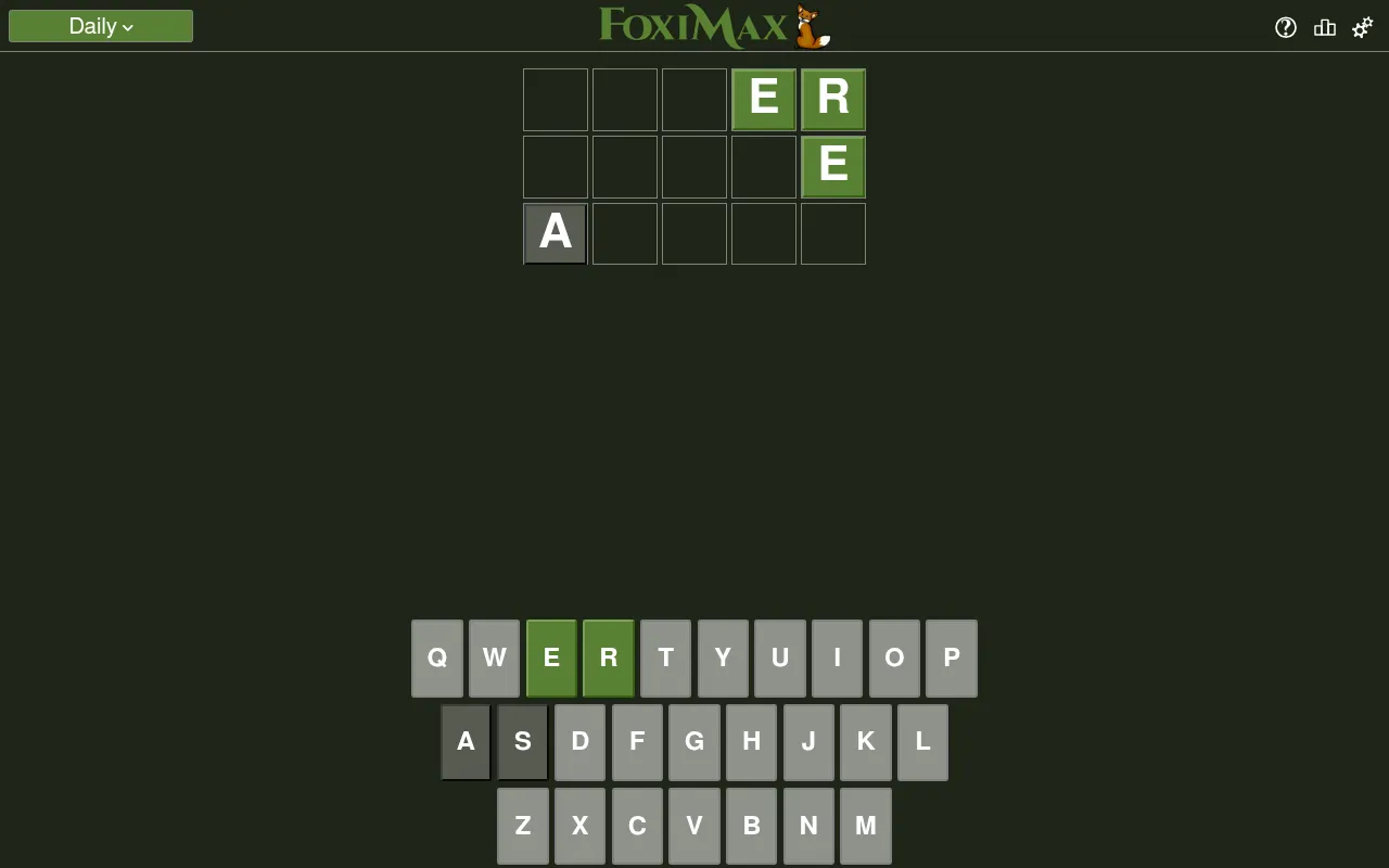 FoxiMax daily game in play on a desktop: three hidden words on the board after two wrong letters, with E and R found and A and S marked wrong on the keyboard