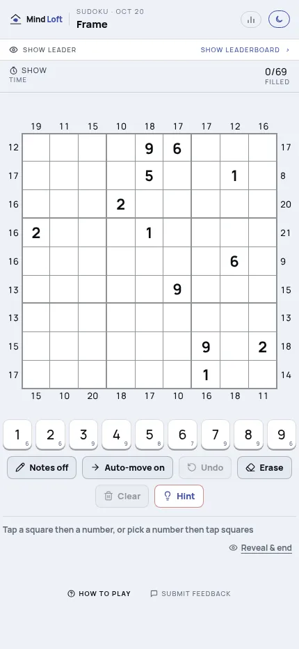 Frame on a phone, 20 Oct 2026: the whole 9x9 grid with twelve printed digits, a sum outside every row and column end, and the number pad with Notes, Hint and Erase